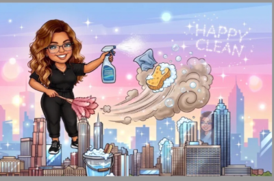 Happy Clean illustration showing a professional cleaner sparkling up the city