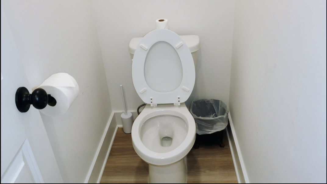 Sanitized guest bathroom with sparkling toilet and floors
